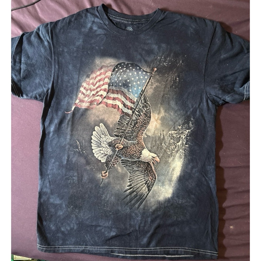 NEW The Mountain Men's Navy Acid Dye Bald Eagle American Flag‎ Graphic Tee, Med